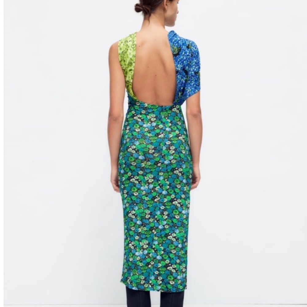 Zara floral print dress green blue cutout